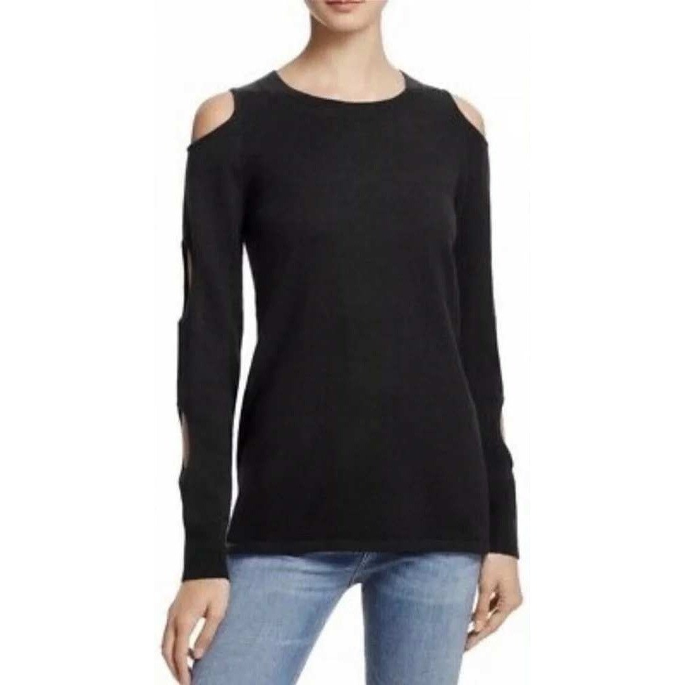AQUA Cashmere Cold Shoulder Cutout Sleeve Cashmere Knit Pullover Black Size M